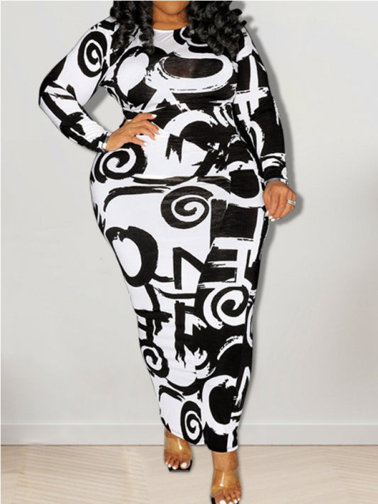 Contrast Color Graffiti Printing Plus Size Dresses