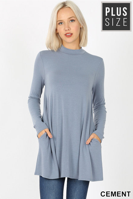 LONG SLEEVE MOCK NECK PLUS SIZE TOP WITH POCKETS