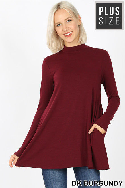 LONG SLEEVE MOCK NECK PLUS SIZE TOP WITH POCKETS