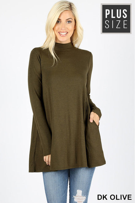 LONG SLEEVE MOCK NECK PLUS SIZE TOP WITH POCKETS