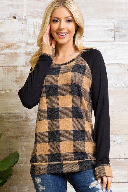 BUFFALO PLAID CONTRAST SOLID LONG SLEEVE PLUS SIZE TOP