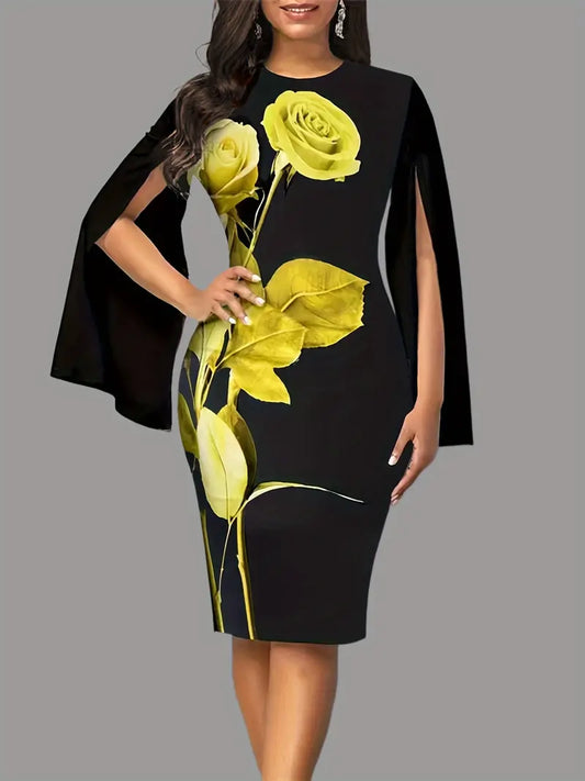 Elegant Split Sleeve Slit Dress, Long Sleeve Crew Neck Fashion Floral Print Fi