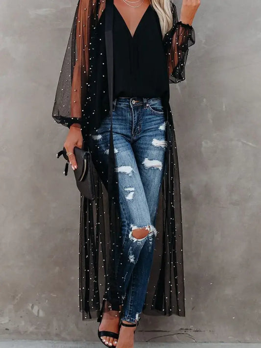 Black Sheer Embellished Tulle Duster Kimono