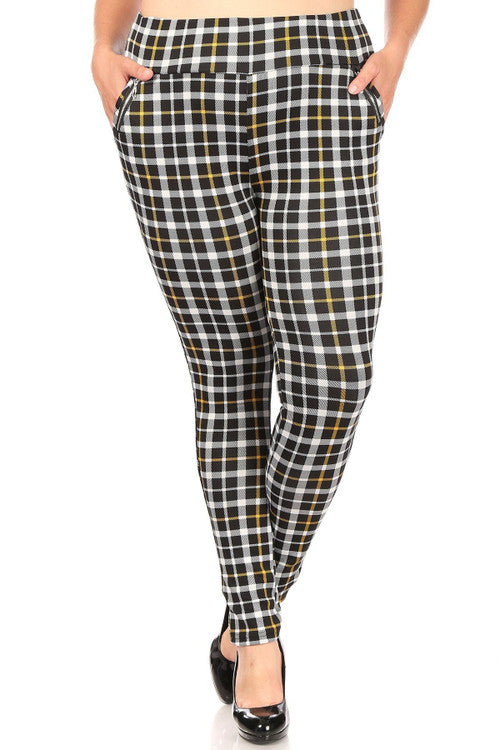 MUSTARD ACCENT PLAID HIGH WAISTED PLUS SIZE TREGGINGS WITH ZIPPER POCKETS