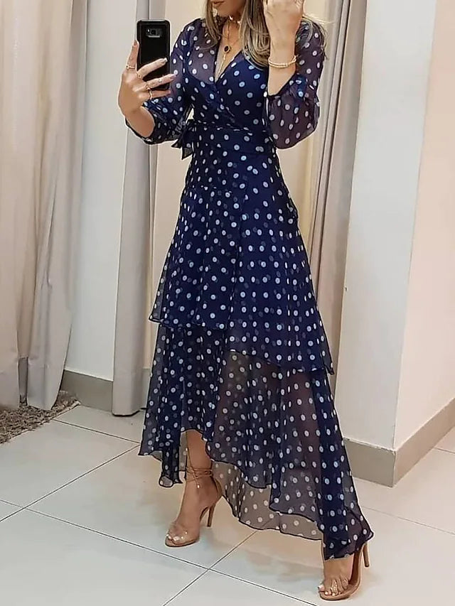 Women's Casual Dress Swing Dress Long Dress Maxi Dress Green Navy Blue 3/4 Length Sleeve Polka Dot Plus High Low Spring