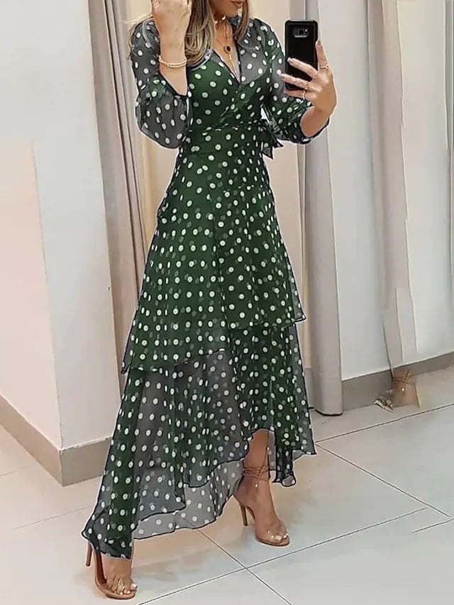 Women's Casual Dress Swing Dress Long Dress Maxi Dress Green Navy Blue 3/4 Length Sleeve Polka Dot Plus High Low Spring