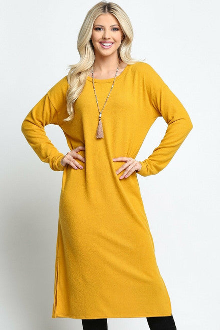 LONG SLEEVE SIDE SLIT MIDI LENGTH SWEATER DRESS