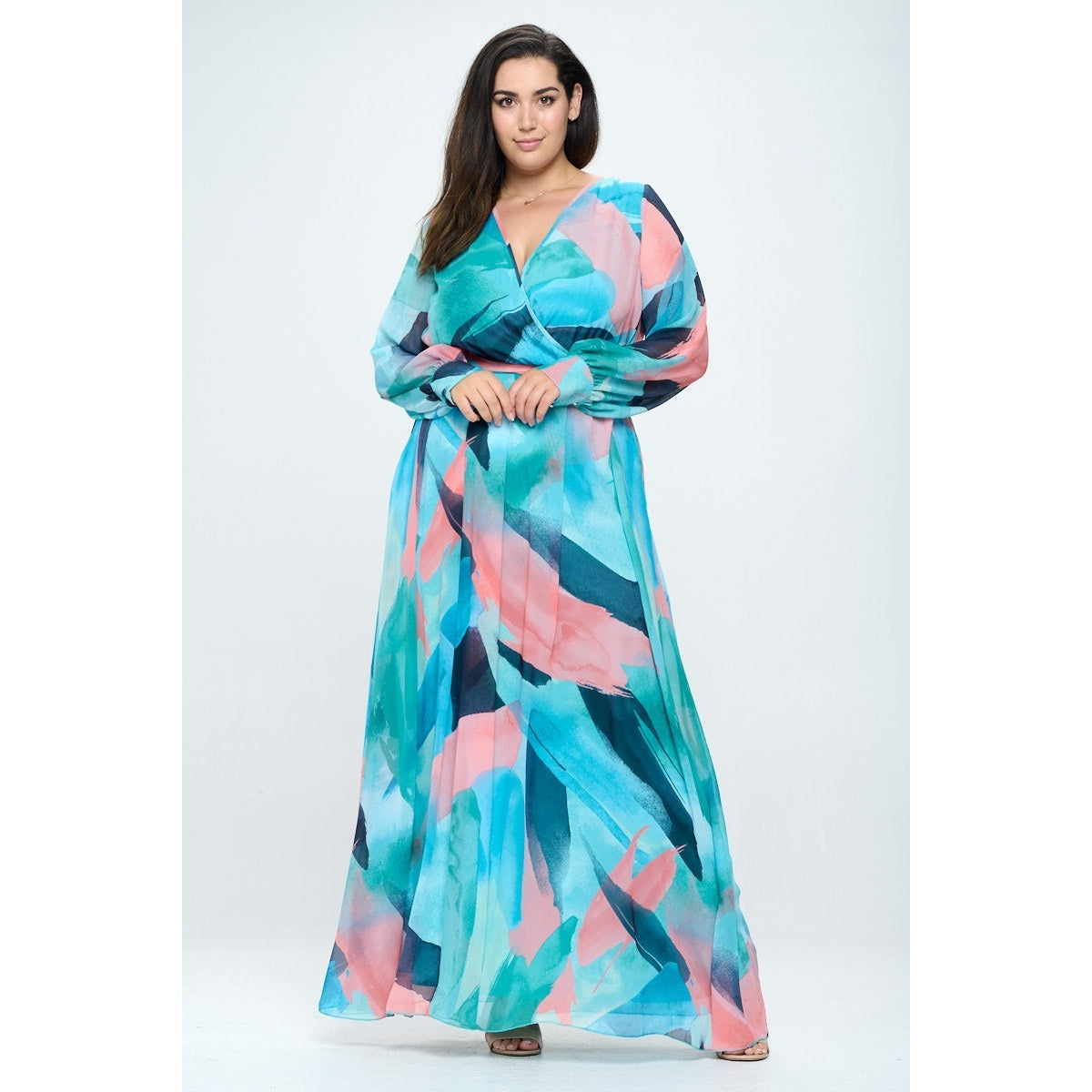 Size Chiffon Abstract Geo Print Surplice Maxi Dress