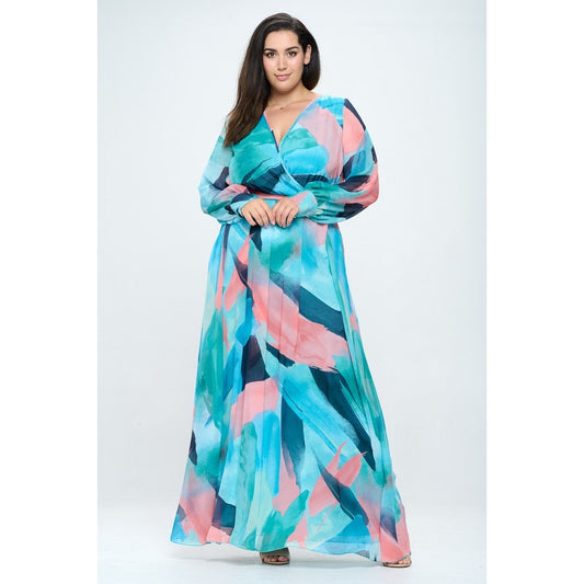 Size Chiffon Abstract Geo Print Surplice Maxi Dress