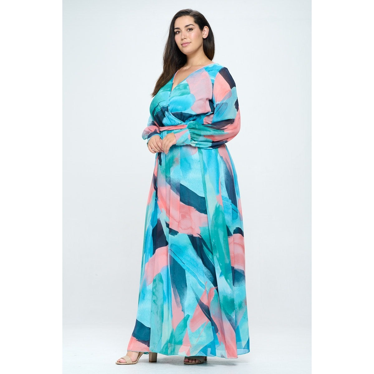 Size Chiffon Abstract Geo Print Surplice Maxi Dress