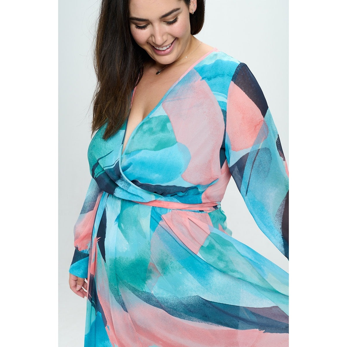 Size Chiffon Abstract Geo Print Surplice Maxi Dress