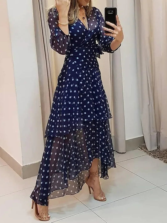 Women's Casual Dress Swing Dress Long Dress Maxi Dress Green Navy Blue 3/4 Length Sleeve Polka Dot Plus High Low Spring